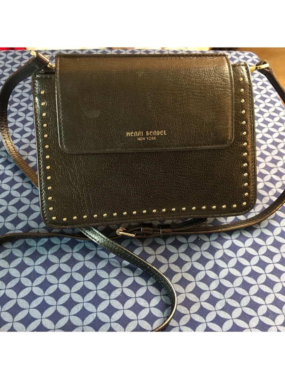 Henri Bendel Black Leather Crossbody with Gold Studs